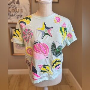 New! QUEEN OF SPARKLES Colorful Sequin Sea Shells Tee Oversized XS